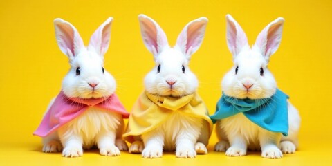 Obraz premium Three adorable white bunnies in colorful capes against a vibrant yellow background