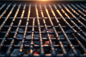 Obraz premium Golden Hour Grill Grate A Close-Up View of a Metal Cooking Surface Illuminated by the Setting Sun