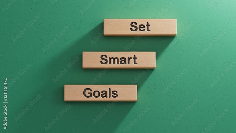 Poster set smart goals written on wooden blocks. conceptual set smart goals symbol. wooden cube blocks. cop