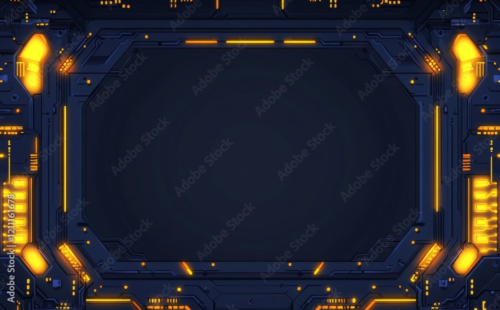 Poster futuristic technology background with neon yellow elements and dark interface design space