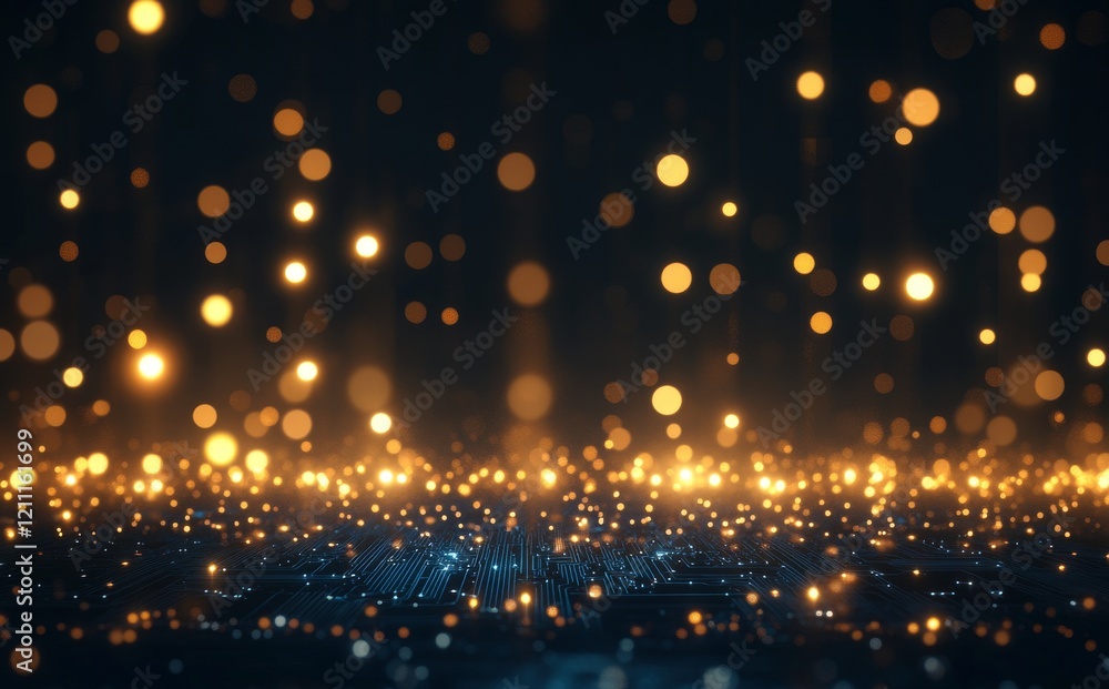 Poster glowing golden particles on dark background creating a magical and mystical atmosphere