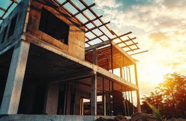 Modern Construction Site at Sunset with Raw Concrete Structure and Wooden Framework Elements