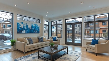 Modern living room with large windows and blue artwork