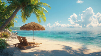 A serene beach setting viewed from side perspective. The composition features one large-sized coconut leaf beach umbrella, a shady coconut palm tree, and a wooden beach lounge chair