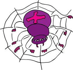creepy eight-legged purple spider with lots of eyes and a pink cross pattern on its back sits on a web