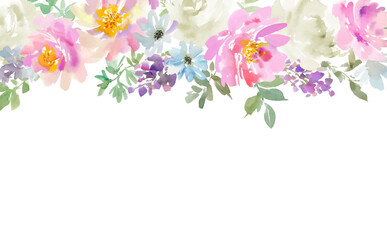 A vector frame illustration of abstract pink peonies and wild flowers painted in watercolor. hand painted floral background.	
