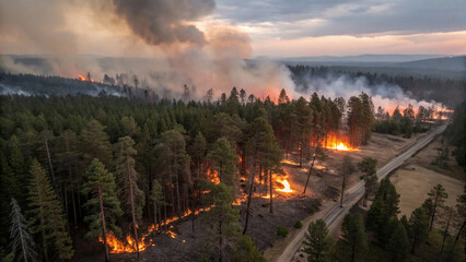 Fototapeta premium Aerial View of a Devastating Forest Fire with Flames and Smoke Rising into the Twilight Sky