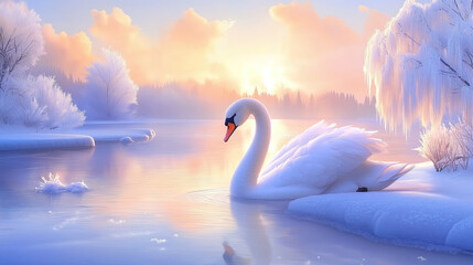 Fototapeta premium A swan in a lake in winter fairyland