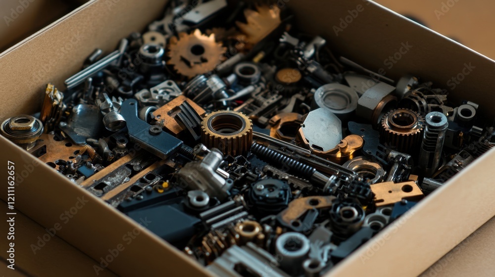 Poster a box of assorted small machine components with a focus on their metallic finish.