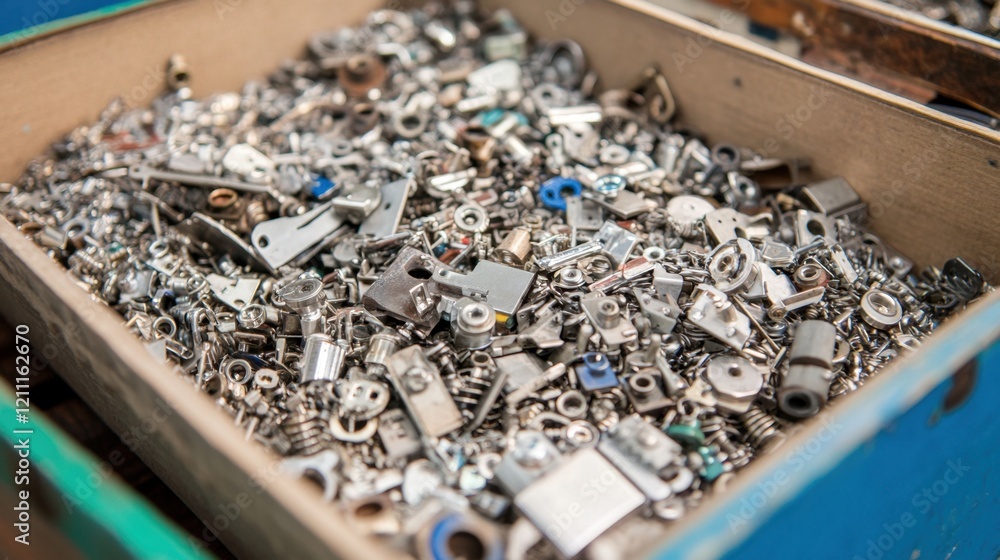 Poster a box of assorted small machine components with a focus on their metallic finish.