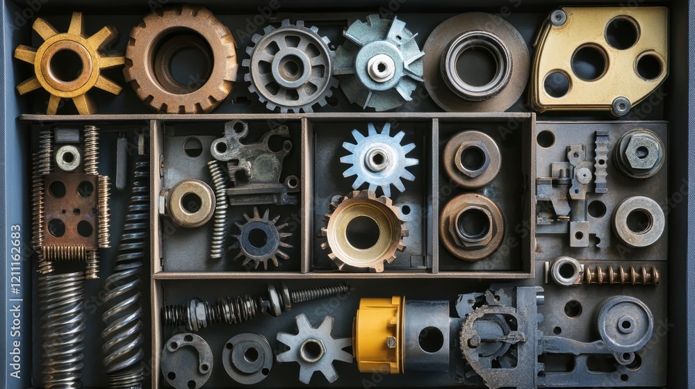 Poster a box of assorted small machine components with a focus on their metallic finish.