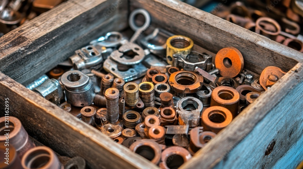 Poster a box of assorted small machine components with a focus on their metallic finish.