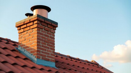 Naklejka premium Brick Chimney on Red Tile Roof Under a Clear Sky