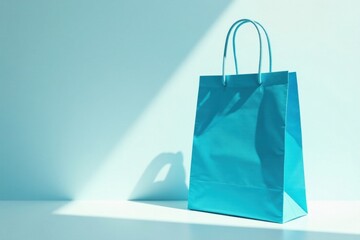 A Light Blue Shopping Bag Casts a Shadow in Sunlight on a Pale Blue Surface