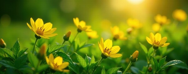 Obraz premium Sun-kissed yellow blooms amidst lush green foliage, flowers, plants, green