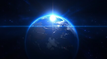 Fototapeta premium A blue light radiating from Earth, casting a glowing blue aura in space.