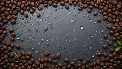 coffee beans and water droplets on a dark surface
