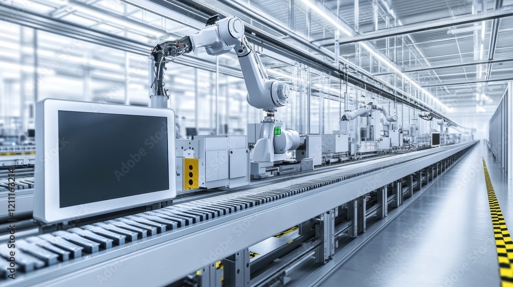 Aufkleber a clean conveyor line with robotic systems assembling touchscreens.