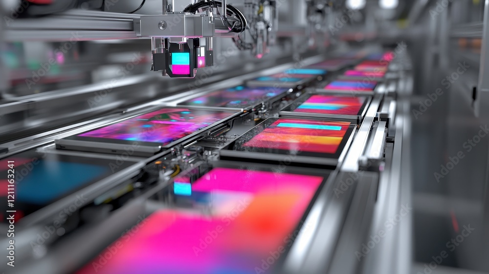 Aufkleber a clean conveyor line with robotic systems assembling touchscreens.