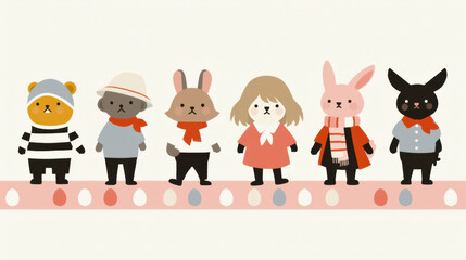 Fototapeta premium Cute cartoon animals dressed for Easter egg rolling competition