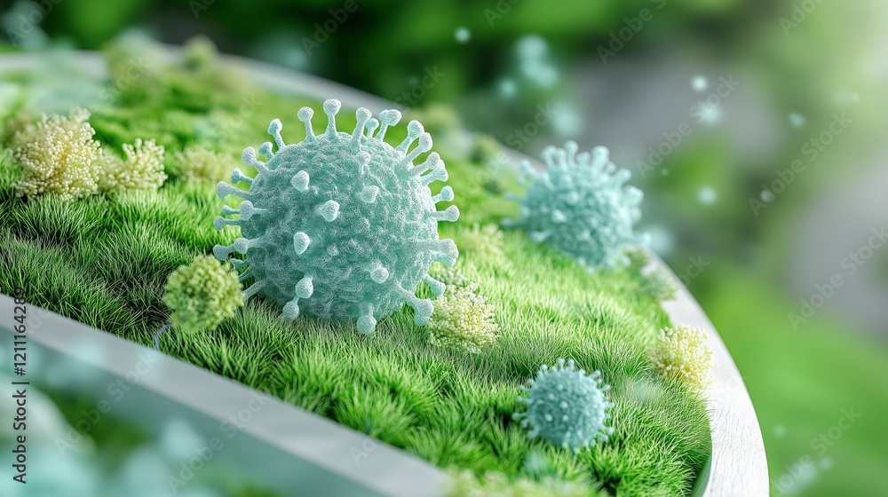 Aufkleber close-up of colorful microbial structures on green grass surface in abstract biological environment