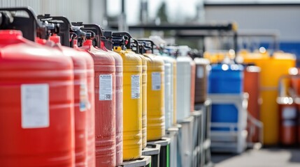 A detailed view of safety equipment next to industrial chemical containers.