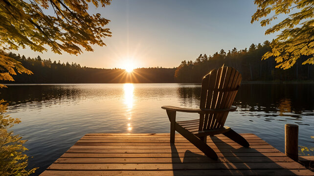 Sunrise on two empty Adirondack chairs sitting on a dock on a lake in Muskoka, Ontario Canada. The sun rays create long shadows on the wooden pier

