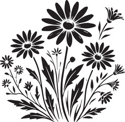 Black Color Daisies Silhouette Vector Illustration, Solid White Background. minimal vector design