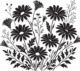 Black Color Daisies Silhouette Vector Illustration, Solid White Background. minimal vector design