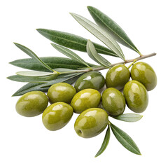 Green olives with leaves, isolated on white or transparent background, PNG
