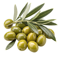 Green olives with leaves, isolated on white or transparent background, PNG