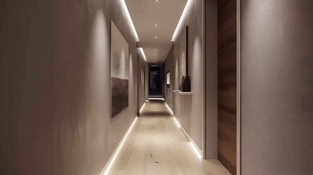 Minimalist hallway with sleek lighting and artwork