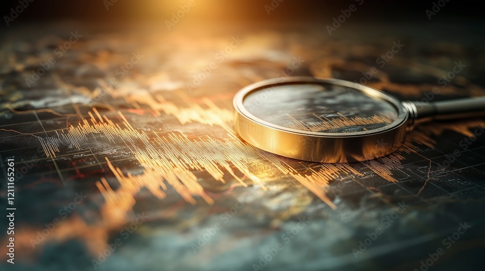 Poster magnifying glass over stock market graph with candlestick patterns and financial data analysis backg
