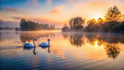 Fototapeta premium Misty lake sunrise: serene swans reflected, architectural AI art captures tranquil dawn.