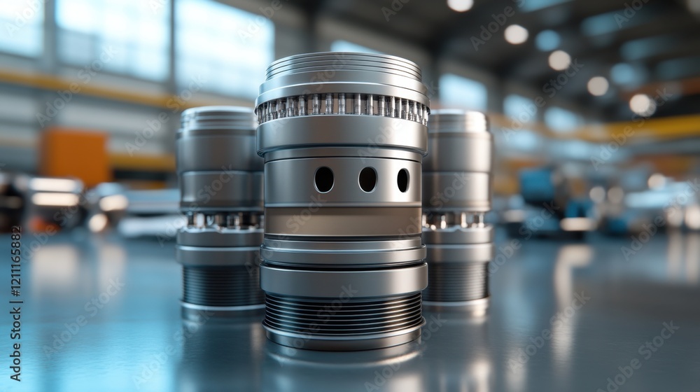 Poster a stack of engine pistons and rods placed in a row on a clean work surface.