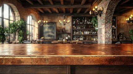 Empty copper bar top in rustic pub setting.