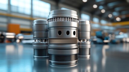 A stack of engine pistons and rods placed in a row on a clean work surface.
