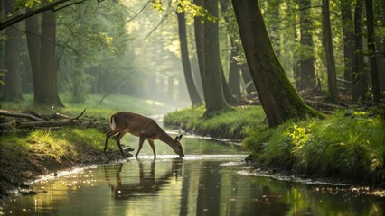Deer Drinking Water in Serene Forest Setting