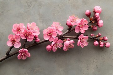 Delicate Pink Plum Blossoms Branch Against Grey