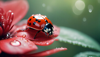 a red ladybug on red leave with water drops ai 