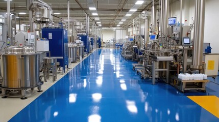 Obraz premium Brightly lit factory floor with machines blending chemical solutions.