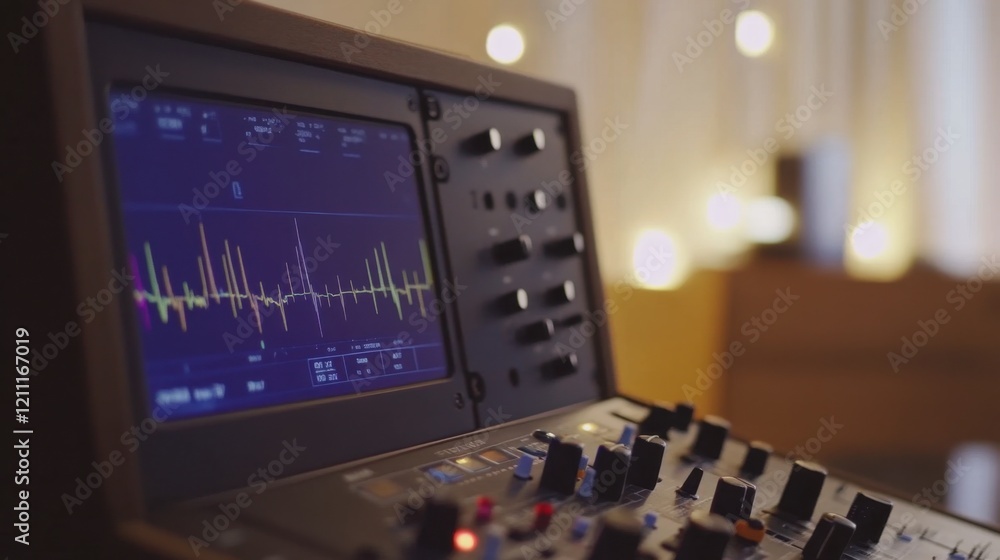 Poster close-up of an oscilloscope screen displaying electronic waveforms.