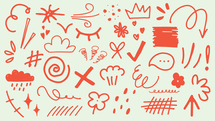 Collection of red doodles including arrows, clouds, and flowers. Fun and playful doodles with swirls and stars. Red doodles for creative designs. Colorful doodle elements, vector set.