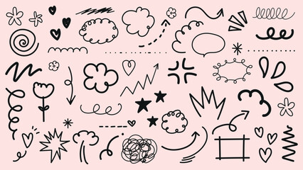 A collection of doodles featuring swirls, arrows, stars, and flowers. Playful doodles, abstract doodles, and creative doodles on a light background. Black hand drawn elements, vector set.