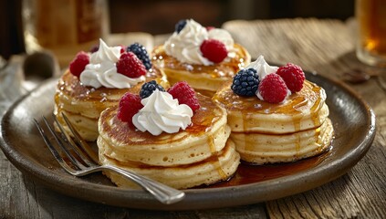Delicious mini pancakes topped with whipped cream, raspberries, blackberries, and syrup.