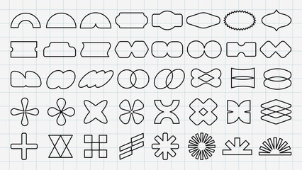 Fototapeta premium Grid of abstract geometric shapes. Various geometric shapes like circles, ovals, and crosses. Geometric shapes arranged in rows on a grid background. Black shapes, vector element set.