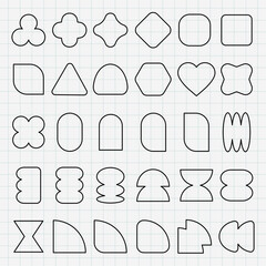 Grid of abstract geometric shapes. Various geometric shapes like circles, ovals, and crosses. Geometric shapes arranged in rows on a grid background. Black shapes, vector element set.