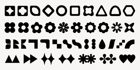 Collection of geometric shapes in black. Geometric shapes include circles, triangles, and squares. Black shapes in various geometric patterns. Black shapes, vector element set.