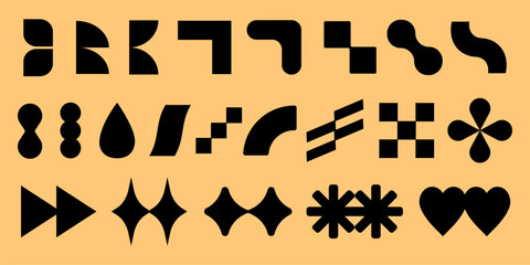 Vector elements. Abstract black shapes on a yellow background. Geometric shapes include stars, hearts, and arrows. Bold shapes, unique shapes, creative shapes. Black shapes, vector element set.