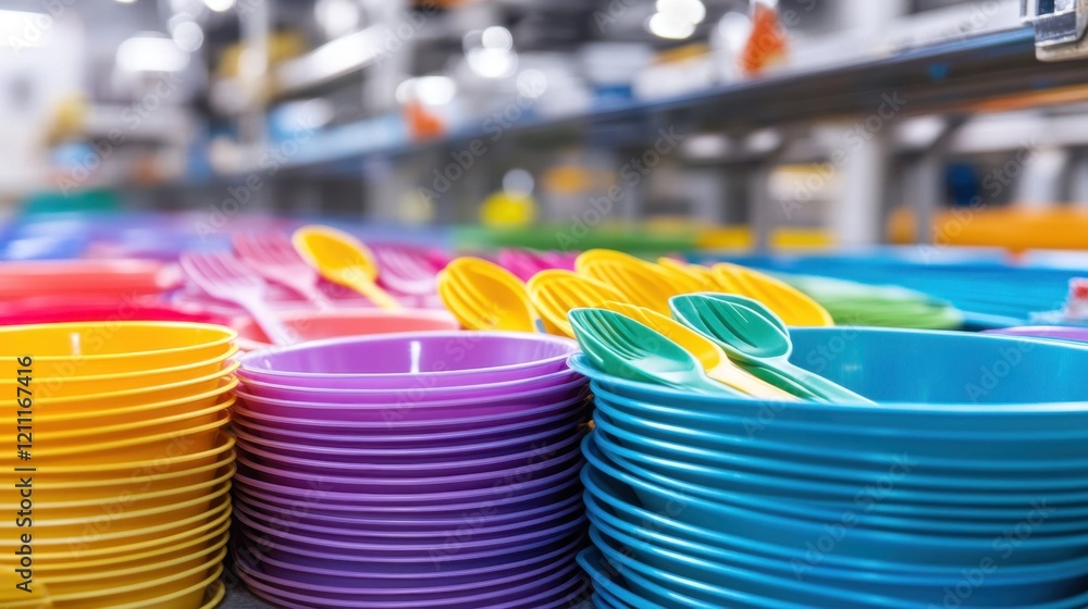 Poster factory setup with machines producing colorful plastic utensils.